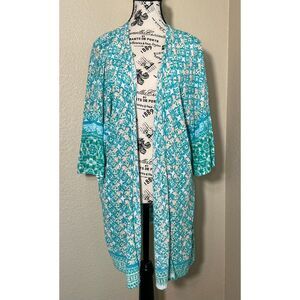Chicos Boho Turquoise Cream Open Front Sweater Lightweight Cardigan 3/XL